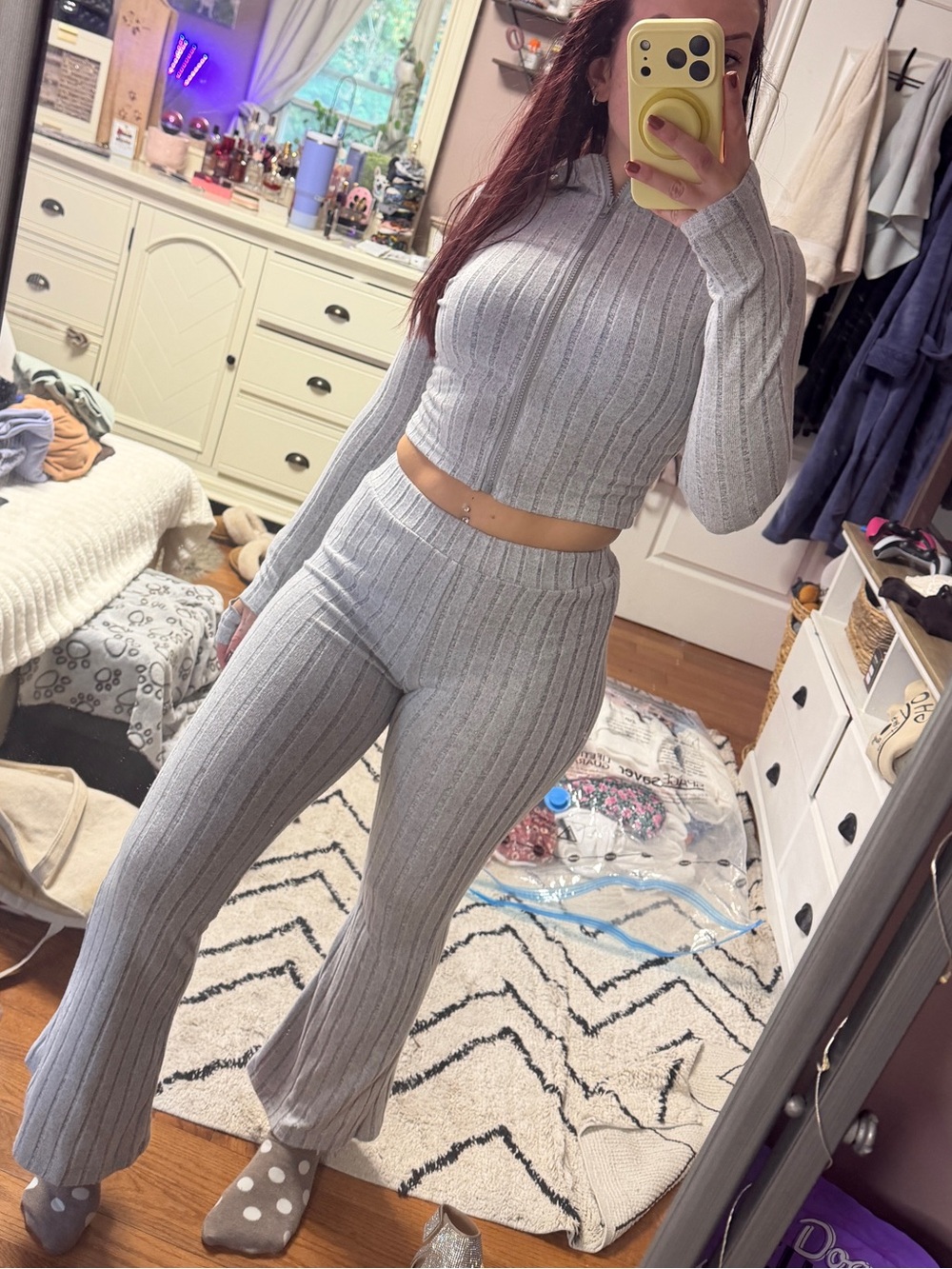 Ribbed Knit Two-Piece Set - Light Gray